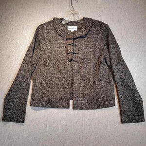 Danny & Nicole Brown Tweed  Long Sleeve Ruffled Collar Blazer Jacket Size 14